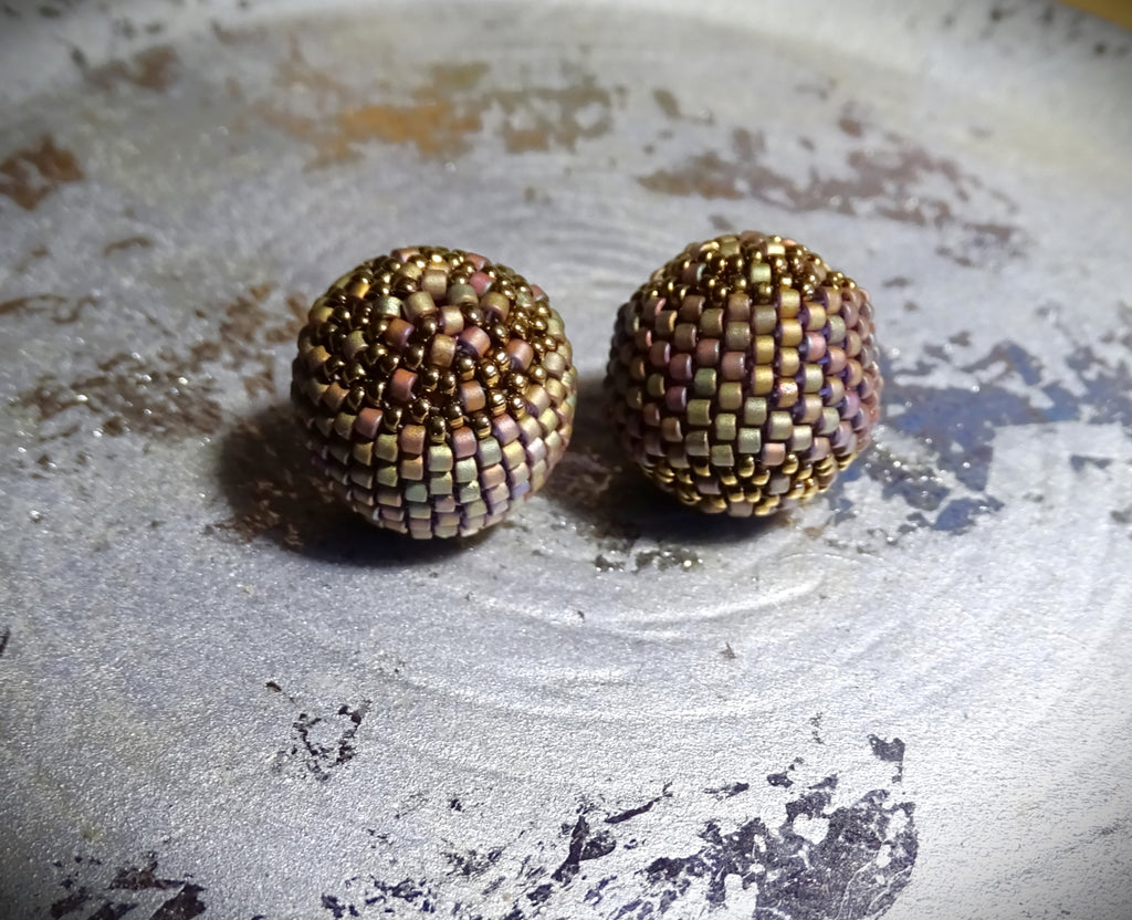 Peyote Stitch Focal Beads - Hand-Woven, Beaded-Bead Pairs for Earrings - Matte Khaki-Iris - Pack of 2