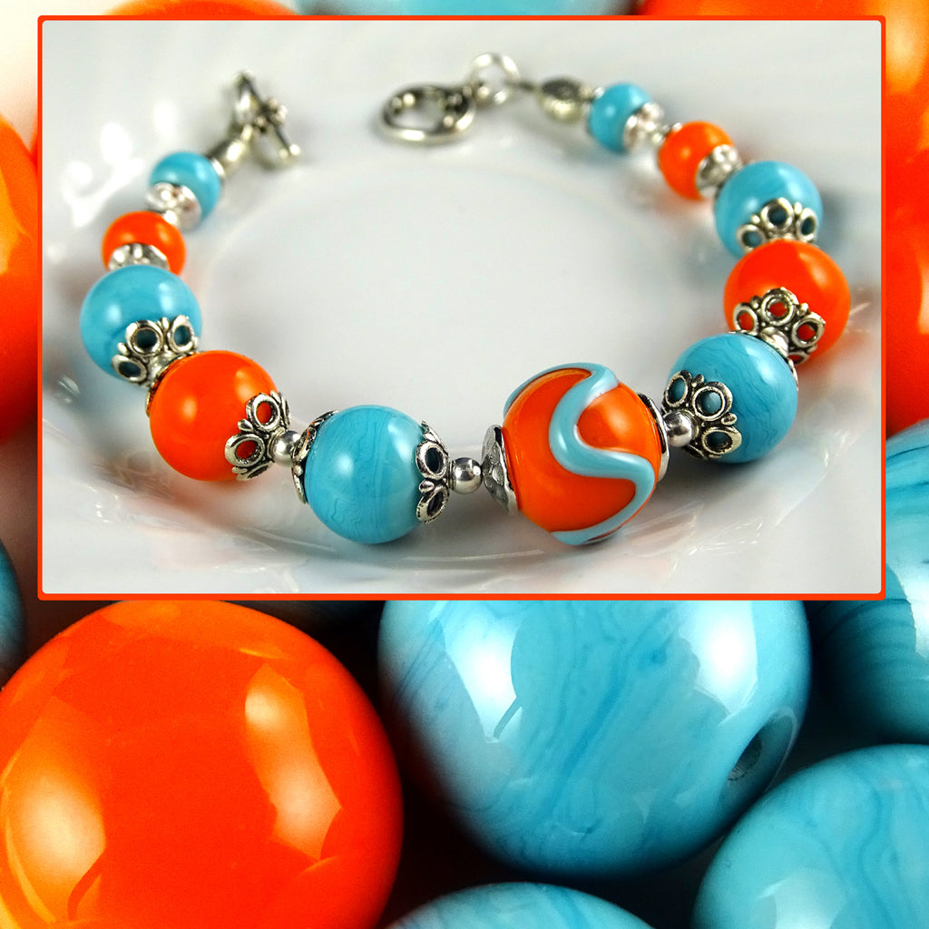 Artisan Bracelet w/ Our Own Handmade Lampwork Beads: Turquoise & Orange