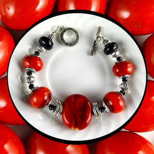 Artisan Bracelet w/ Our Own Handmade Lampwork Beads: Bright Red & Black