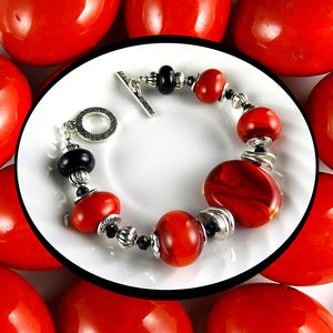 Artisan Bracelet w/ Our Own Handmade Lampwork Beads: Bright Red & Black