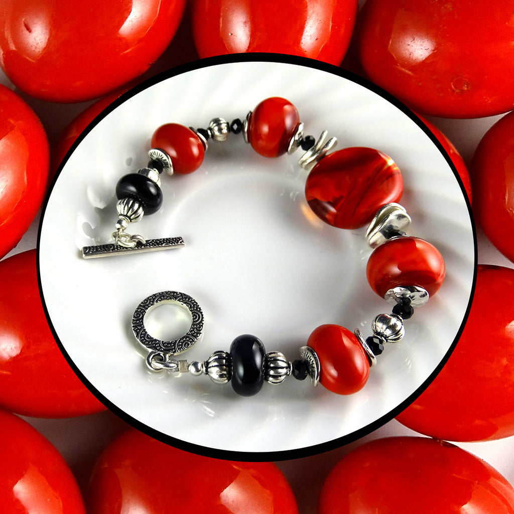 Artisan Bracelet w/ Our Own Handmade Lampwork Beads: Bright Red & Black