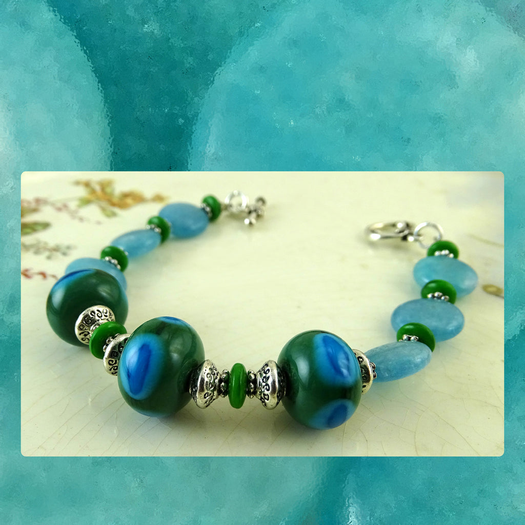 Bracelet w/ Our Own Handmade Lampwork Beads & Blue Sponge Quartz
