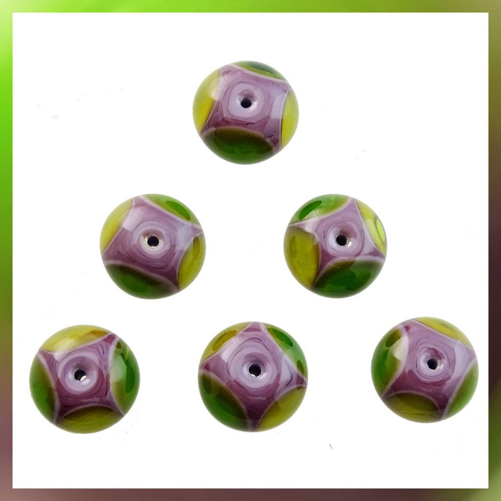 Handmade Glass Bead Set: 6 Lampwork Beads (Violet and Greens)