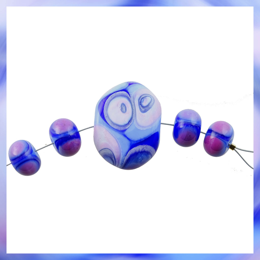 Handmade Hollow Core Glass Bead Set: 5 Lampwork Beads (Blue, Cobalt & Pink-ish)