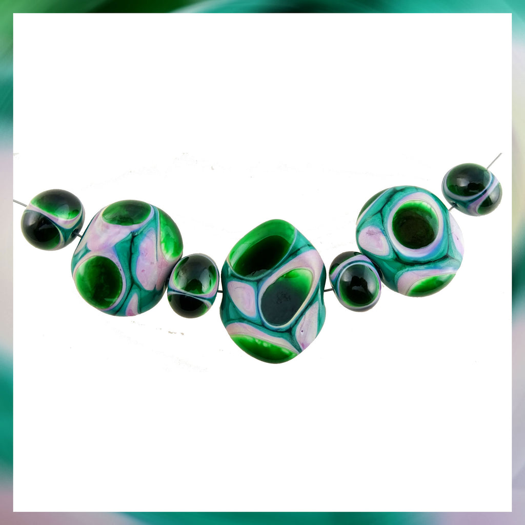 Handmade Glass Bead Set: 7 Lampwork Beads (Teal, Mosaic Green & Pale Pink)