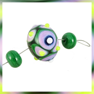 Handmade Hollow Core Glass Bead Set: 3 Lampwork Beads (Greens, Pink & Black)