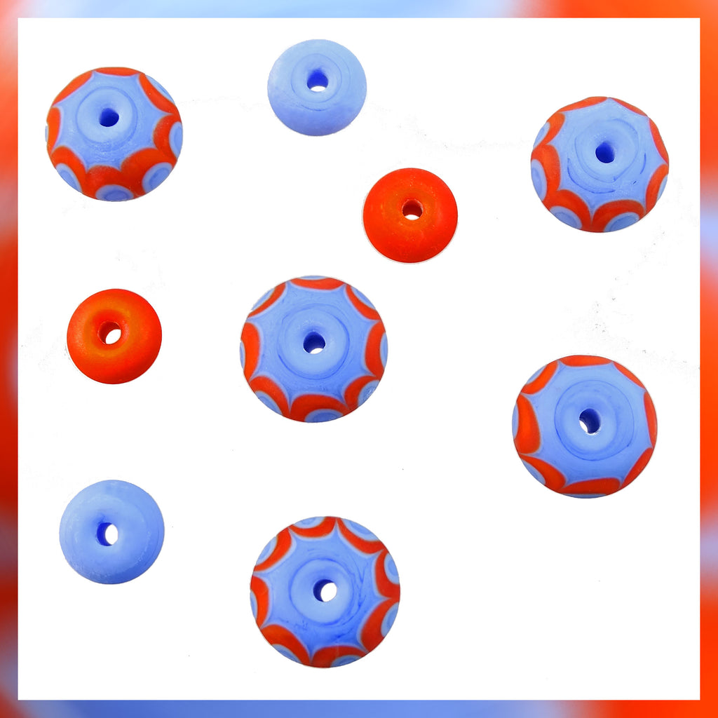 Handmade Glass Bead Set: 9 Lampwork Beads (Dark Periwinkle & Orange/Red) - Matte Finish