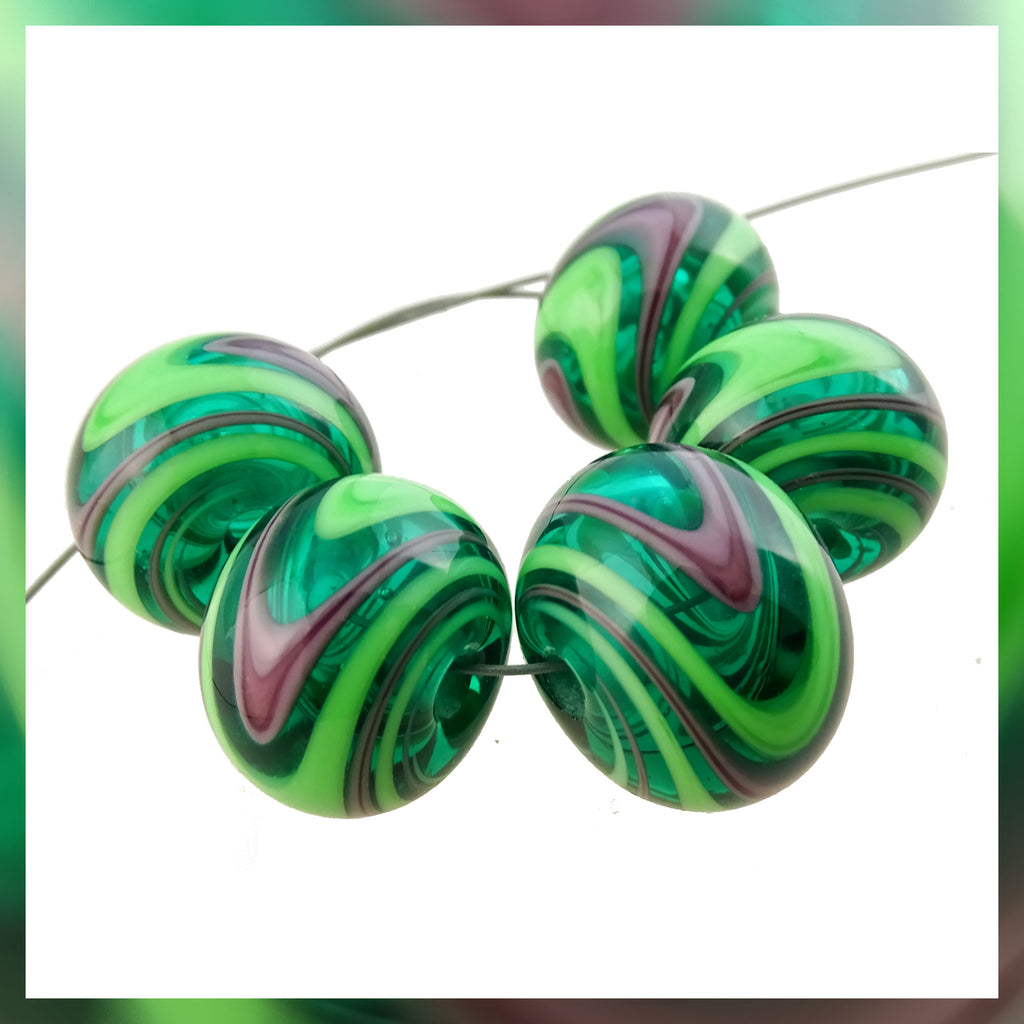 Handmade Hollow Core Glass Bead Set: 5 Lampwork Beads (Greens & Violet)