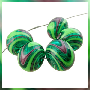 Handmade Hollow Core Glass Bead Set: 5 Lampwork Beads (Greens & Violet)