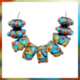 Handmade Glass Bead Set: 9 Lampwork Beads - Fun! (Multicolored with Raised Decoration)