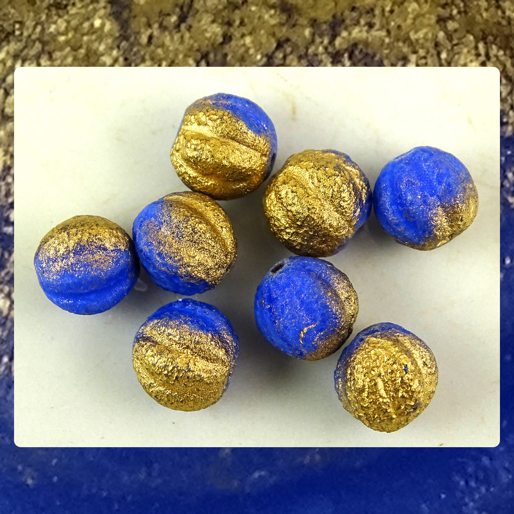 Czech Glass Beads: Matte Gilded Bright Blue Melon Beads (Bag of 8 beads)