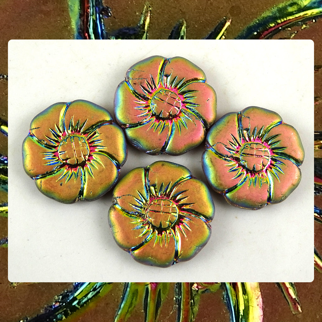 Czech Glass Beads: Vitrail Matte Metallic Flower Beads (Bag of 4)
