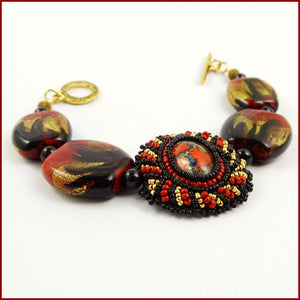"The Fire Inside" Bracelet w/ Our Own Handmade Glass Beads & Beaded Cabochon