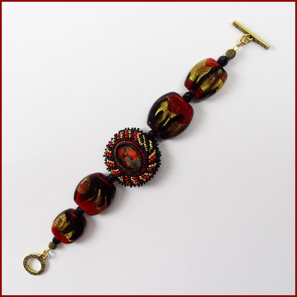 "The Fire Inside" Bracelet w/ Our Own Handmade Glass Beads & Beaded Cabochon