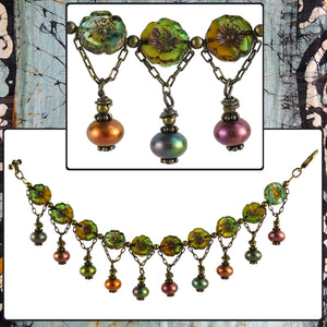 Autumnal Tones Charm Bracelet with Czech Glass Flowers