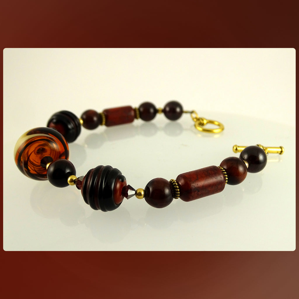 Artisan Bracelet: Glass Beads, Tiger-Eye and Poppy Jasper