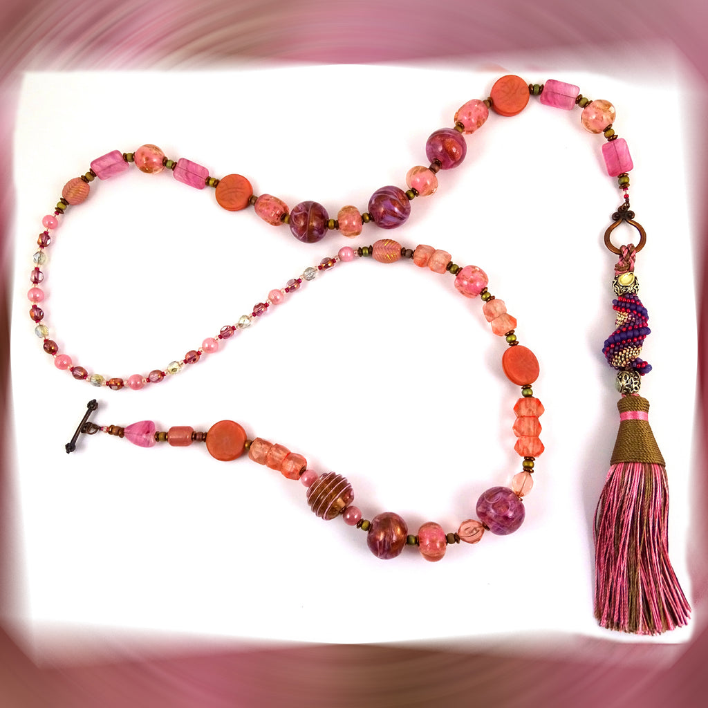 The Rose Glow: Necklace Featuring Our Handmade Glass Beads & Hand-Woven Tassel-Pendant