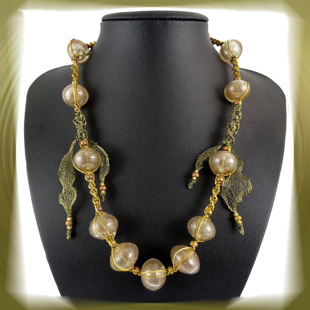 Necklace: Micro-Macrame, Wire Mesh Ribbon & Handmade Glass Beads