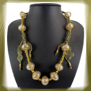 Necklace: Micro-Macrame, Wire Mesh Ribbon & Handmade Glass Beads