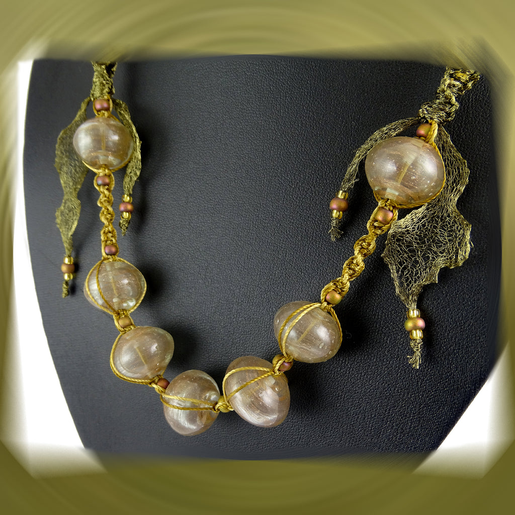 Necklace: Micro-Macrame, Wire Mesh Ribbon & Handmade Glass Beads