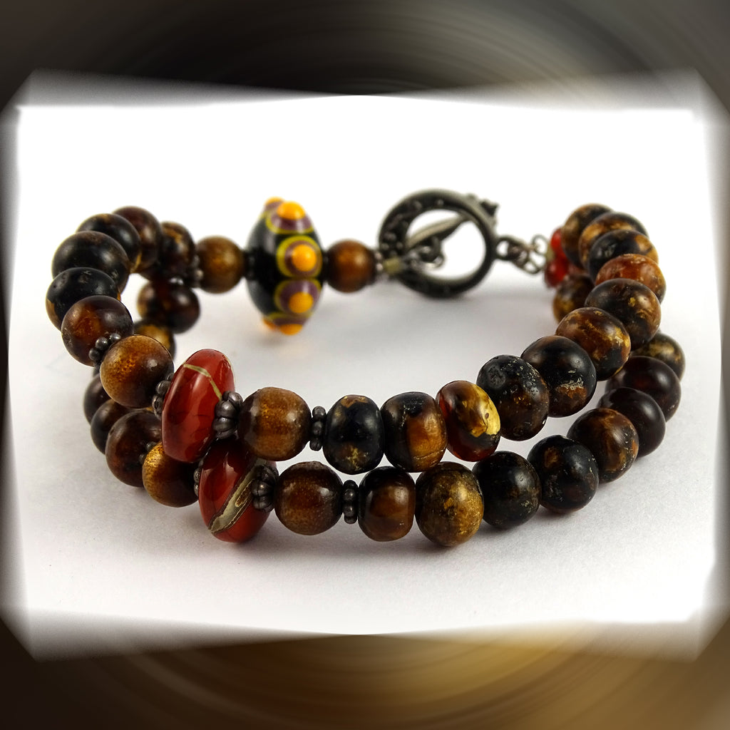 2-Strand Beaded Bracelet: Handmade Bead, Amber, Golden Coral, Jasper