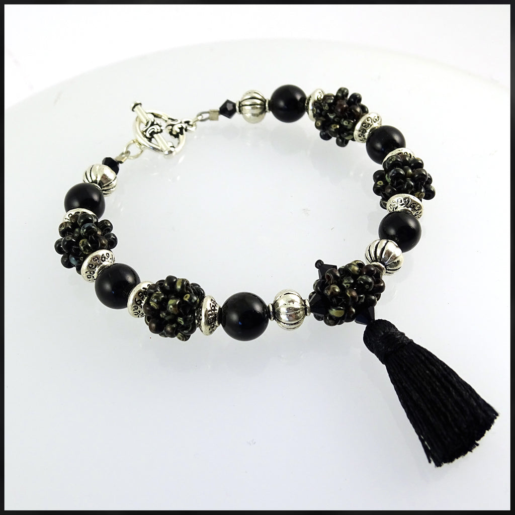 "Mystery" Mala Bracelet: Black Obsidian & Hand-Woven "Berry Beads"