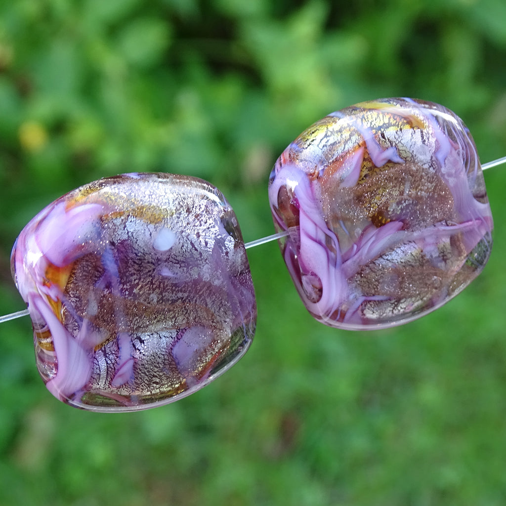 Handmade Glass Lampwork Beads - Sold By The Pair: Pink, Amber & Violet Swirl on Silver Leaf