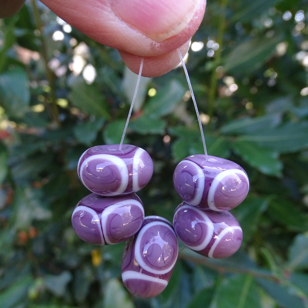 Handmade Glass Bead Set: 5 Lampwork Beads (Violet & Ivory)