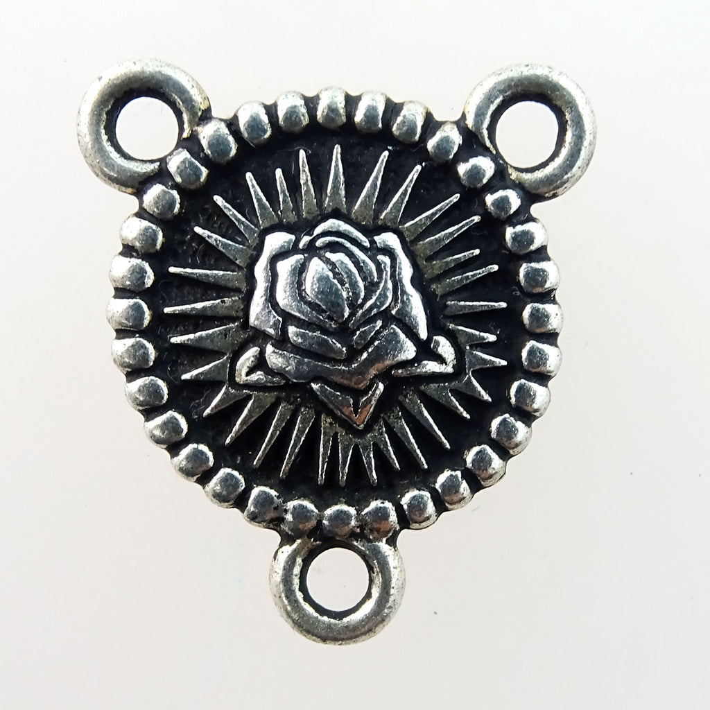 Silver Plated Pewter Charm: Rosary Centerpiece, Mother Mary/Rose (double-sided)