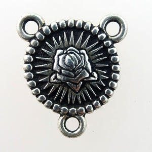 Silver Plated Pewter Charm: Rosary Centerpiece, Mother Mary/Rose (double-sided)