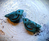 Czech Glass Beads: Stylized Bird, Opaque Dk.Turquoise w/ Bronze Wash (Bag of 2 beads)