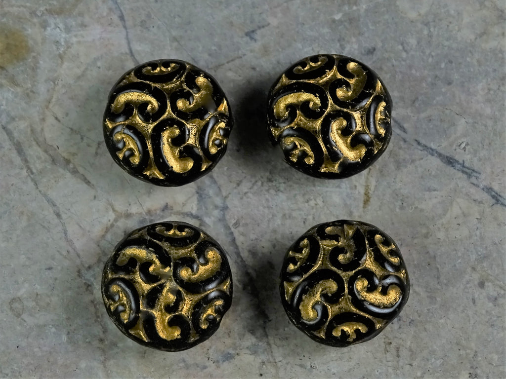 Czech Textured Lentil Beads - Black and Gold
