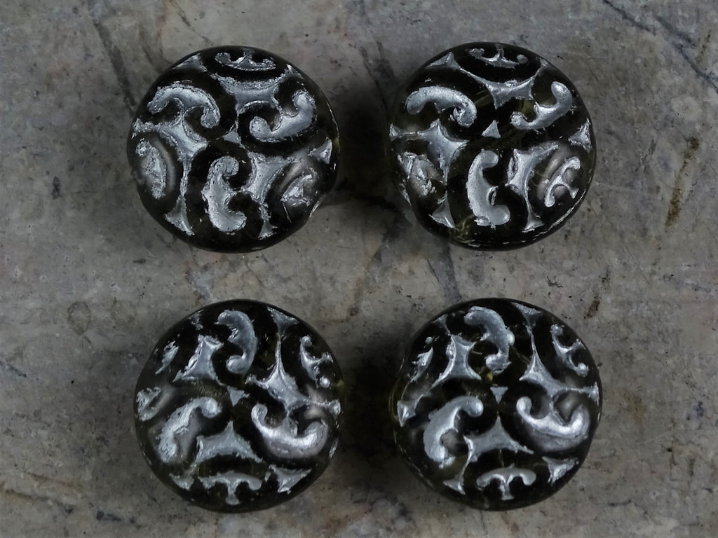 Czech Textured Lentil Beads - Black and Silver