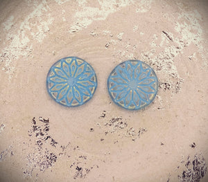 Czech Glass Beads: Origami Flower Beads, Coin-Shape,18mm, Lt. Blue W/ Silver Lustre (Bag of 2 Beads)