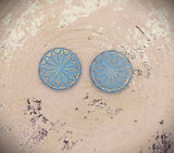 Czech Glass Beads: Origami Flower Beads, Coin-Shape,18mm, Lt. Blue W/ Silver Lustre (Bag of 2 Beads)