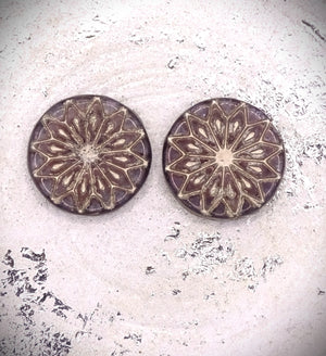 Czech Glass Beads: Origami Flower Beads, Coin-Shape,18mm, Purple-Copper Lustre W/ Silver Wash (Bag of 2 Beads)