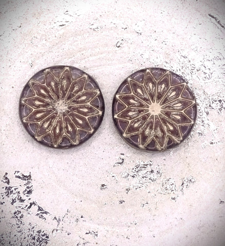 Czech Glass Beads: Origami Flower Beads, Coin-Shape,18mm, Purple-Copper Lustre W/ Silver Wash (Bag of 2 Beads)