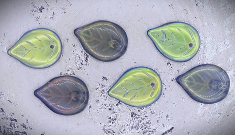 Czech Glass Beads: Pressed Leaves, Trans. Montana Blue AB, 18X13, Bag of 6 beads