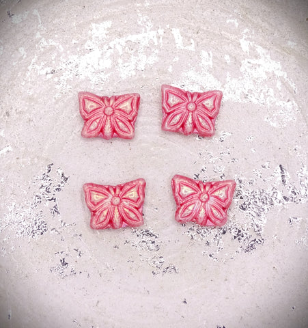 Czech Glass Beads: Butterfly Beads, 15X12mm, Pearl White w/ Pink-Red Wash