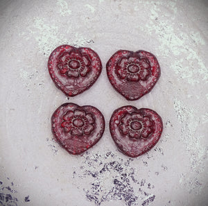 Czech Glass Beads: Victorian Heart, Trans. Dk. Ruby W/ Silver Wash, (Bag of 4 beads)