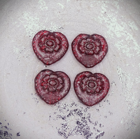 Czech Glass Beads: Victorian Heart, Trans. Dk. Ruby W/ Silver Wash, (Bag of 4 beads)