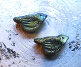 Czech Glass Beads: Stylized Bird, Matte Smoke with AB/Gold Wash (Bag of 2 beads)