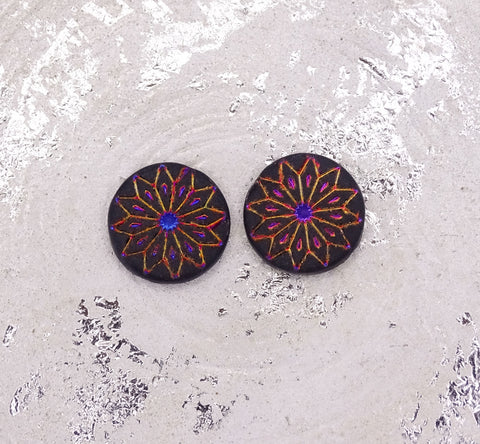 Czech Glass Beads: Origami Flower Beads, Coin-Shape,18mm, Matte Black W/ Metallic Wash (Bag of 2 Beads)