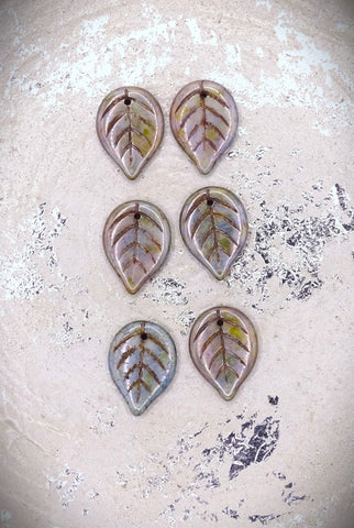 Czech Glass Beads: Pressed Apple Leaf, 18X13, White w/ Blue Patina & Picasso Wash
