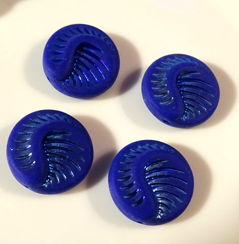 Czech Glass Beads: Fossil Coin - Royal Blue Opaque Matte, AB (Bag of 4 beads)