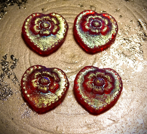 Czech Glass Beads: Victorian Heart, Trans. Ruby Full AB Etched, (Bag of 4 beads)