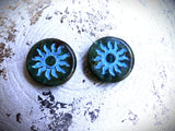 Czech Glass Beads: Sun Coin, Sun Coin - Sea Green with a Turquoise Wash and Picasso Finish (Bag of 2 Beads)