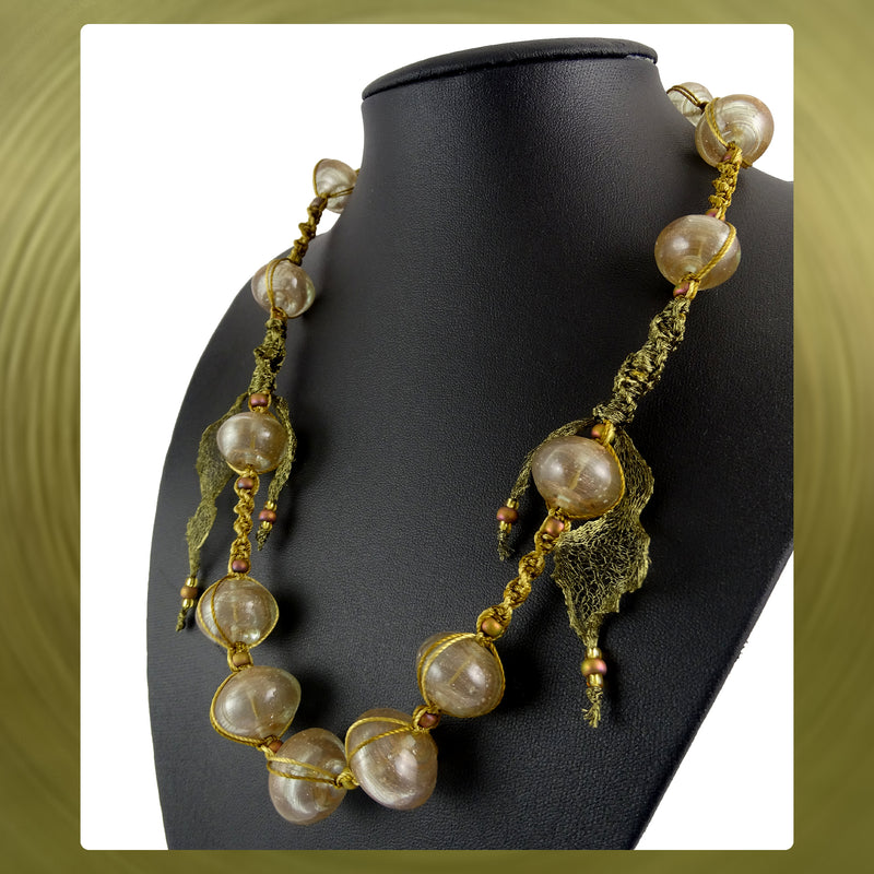 Necklace: Micro-Macrame, Wire Mesh Ribbon & Handmade Glass Beads