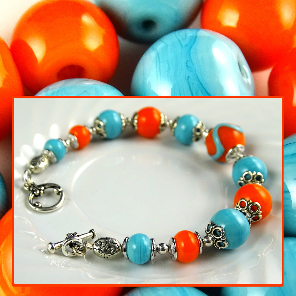 Artisan Bracelet w/ Our Own Handmade Lampwork Beads: Turquoise & Orange