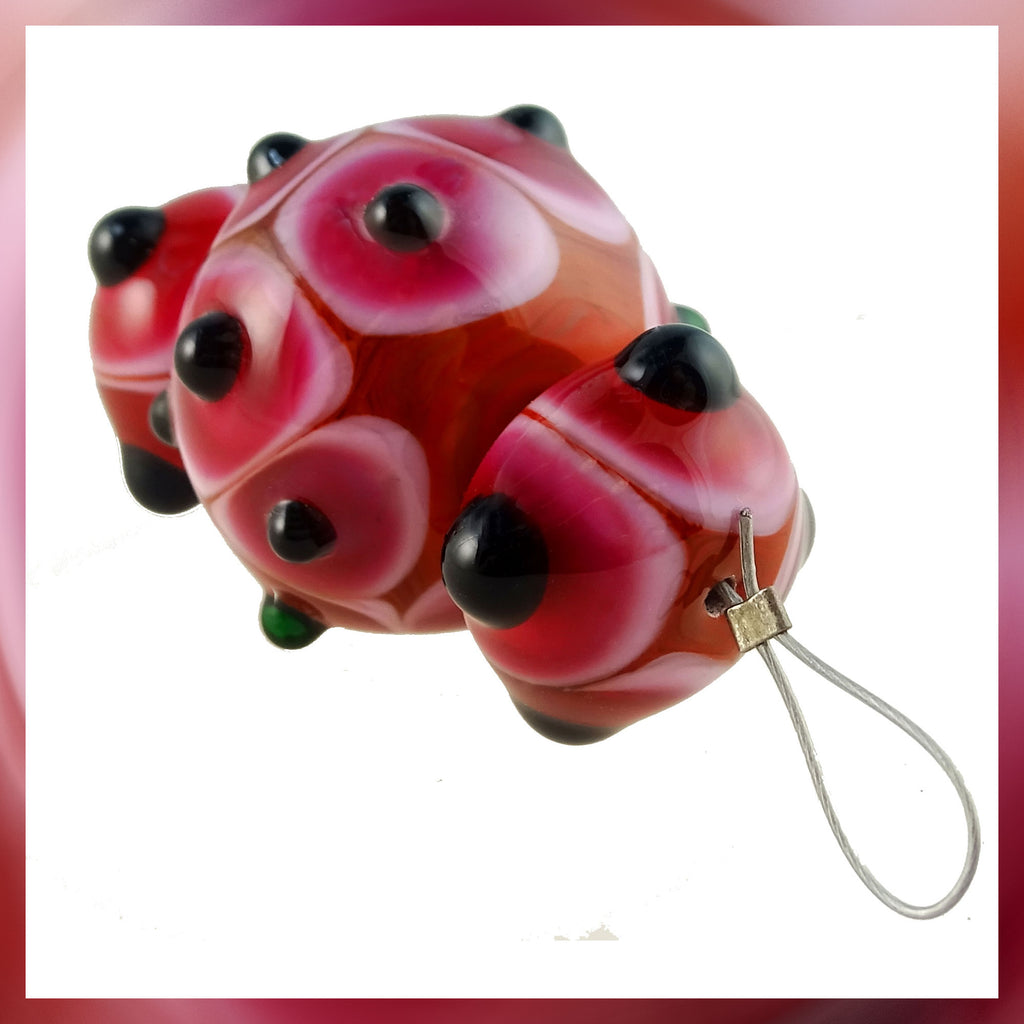 Handmade Hollow Core Glass Bead Set: 3 Lampwork Beads (Bright Ruby, Cranapple & Black)